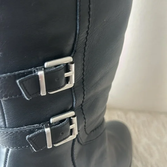 Adrienne Vittadini Black Leather Boots with Buckle Accents - Picture 6 of 15